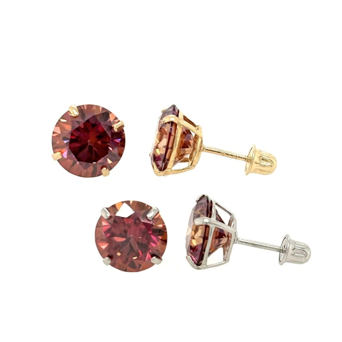 Four pairs of red gemstone earrings in gold and silver on a white background