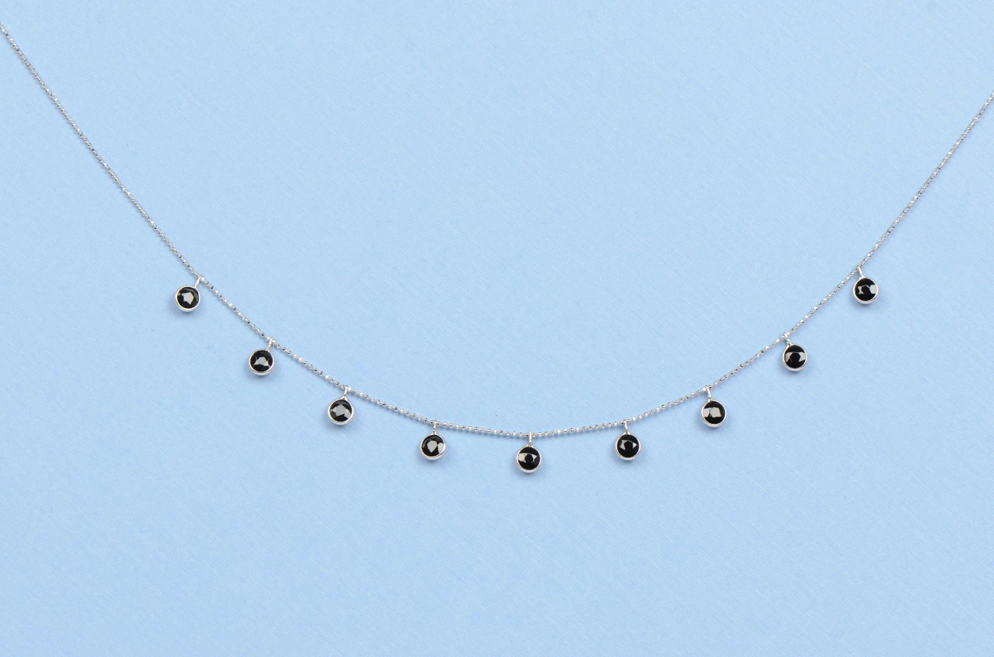 14K White Gold Necklace By The Yard With Round Shaped Black CZ 18" Cleopatra