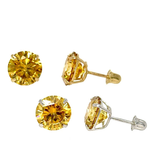14K Gold GRA Certified D-VVS1 Round Yellow Moissanite Screw Back Studs Earrings