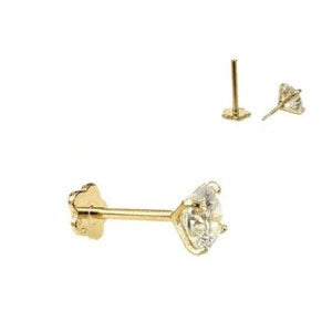 14K Yellow Gold Round Moissanite Barbell Earring With Screw Back