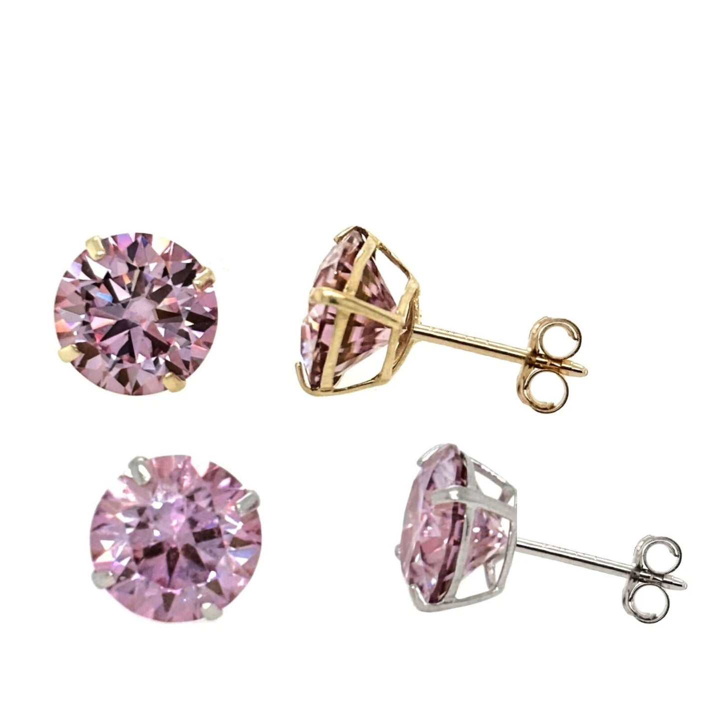 Pink gemstone stud earrings with gold and silver settings on a white background