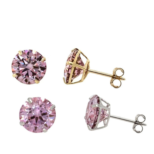 Pink gemstone stud earrings with gold and silver settings on a white background