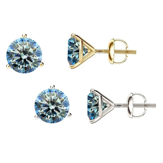 14K Gold GRA CertifiedD-VVS1 Ocean Blue Moissanite ScrewBack Stud Earrings