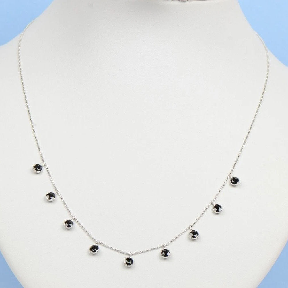 14K White Gold Necklace By The Yard With Round Shaped Black CZ 18" Cleopatra