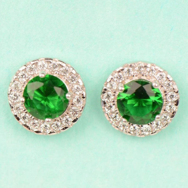14K Solid White Gold Halo Stud CZ Screw Back Earrings