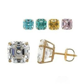 14K Yellow Gold Asscher Cut Stud Earrings Screw Back