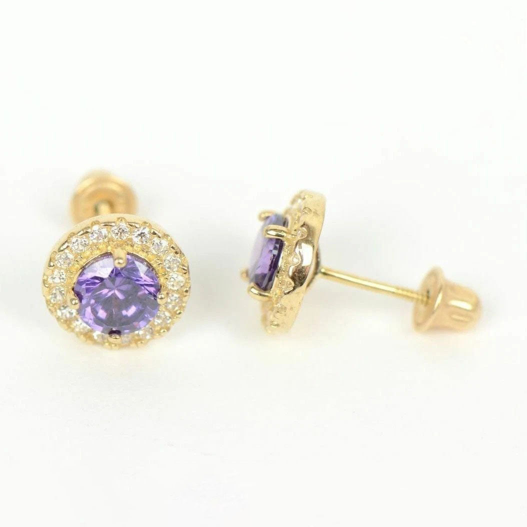 14K Yellow Gold Halo Stud Screw Back Earrings