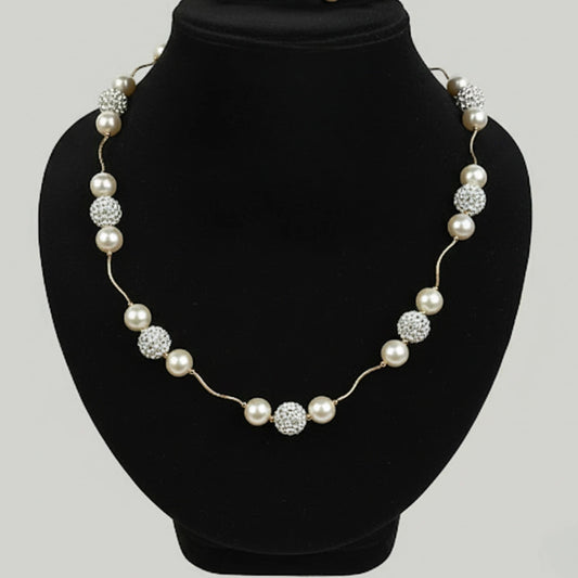 14K Yellow Gold Freshwater Pearl Necklace with Czech Crystal for Women