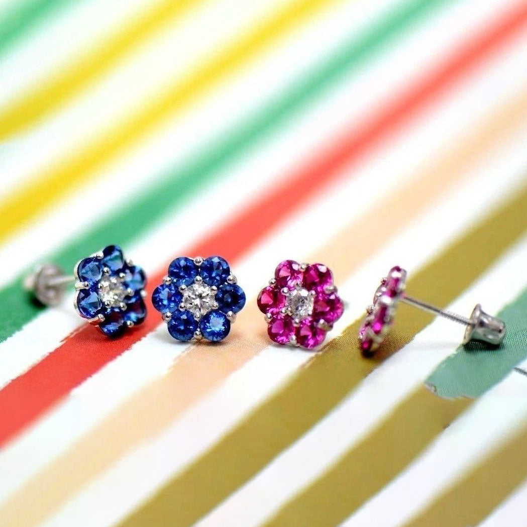 14k White Gold Flower Stud Earrings with Screw Back