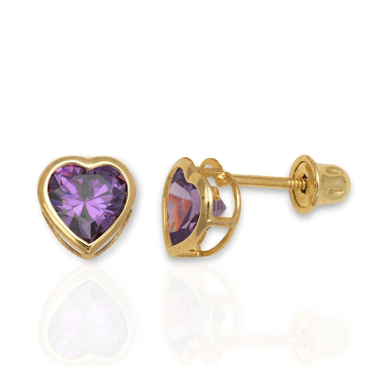 Gold heart-shaped earrings with purple gemstones on a white background