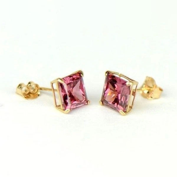 14k Yellow Gold Solid Square Princess Cut Birthstone 6MM CZ Stud Earrings