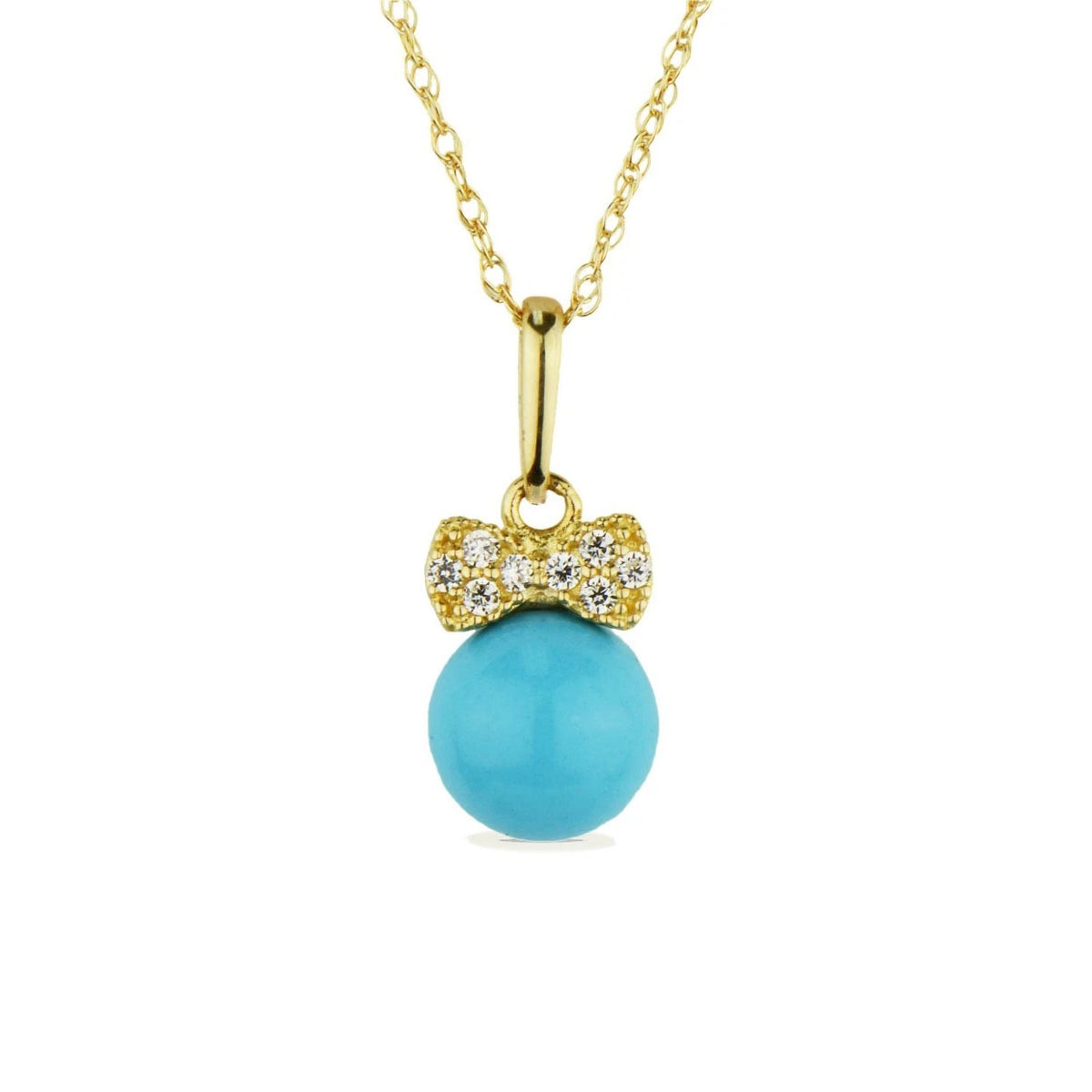 14K Yellow Gold Bow Tie Turquoise CZ Pendant Necklace Rope Chain