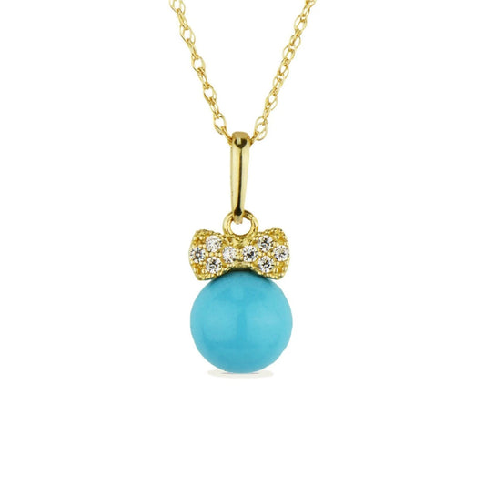 14K Yellow Gold Bow Tie Turquoise CZ Pendant Necklace Rope Chain