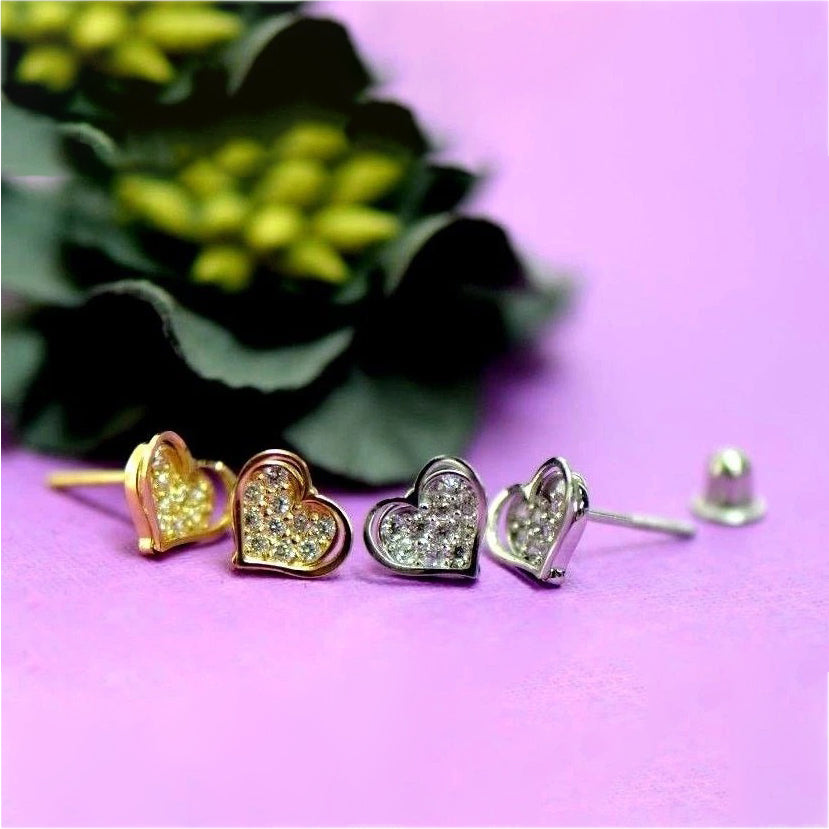 14K White Yellow Gold Heart Shape CZ Stud Earrings