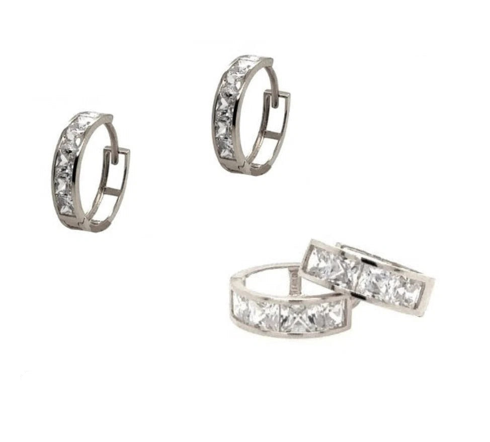 14K White Gold Princess Cut Huggie Hoop Earrings