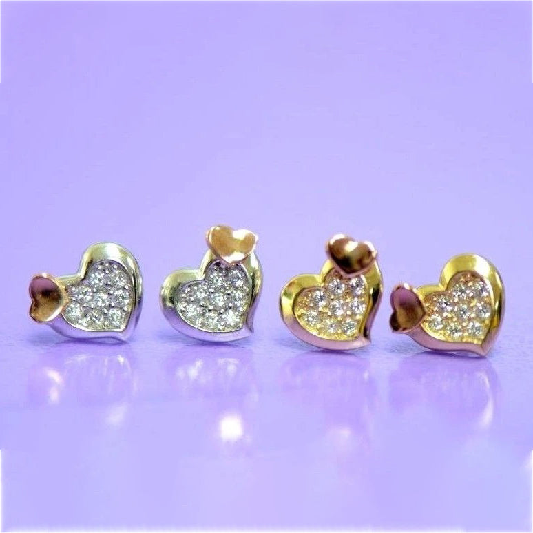 14K White Yellow Gold Heart Shape Cubic Zirconia Stud Earrings