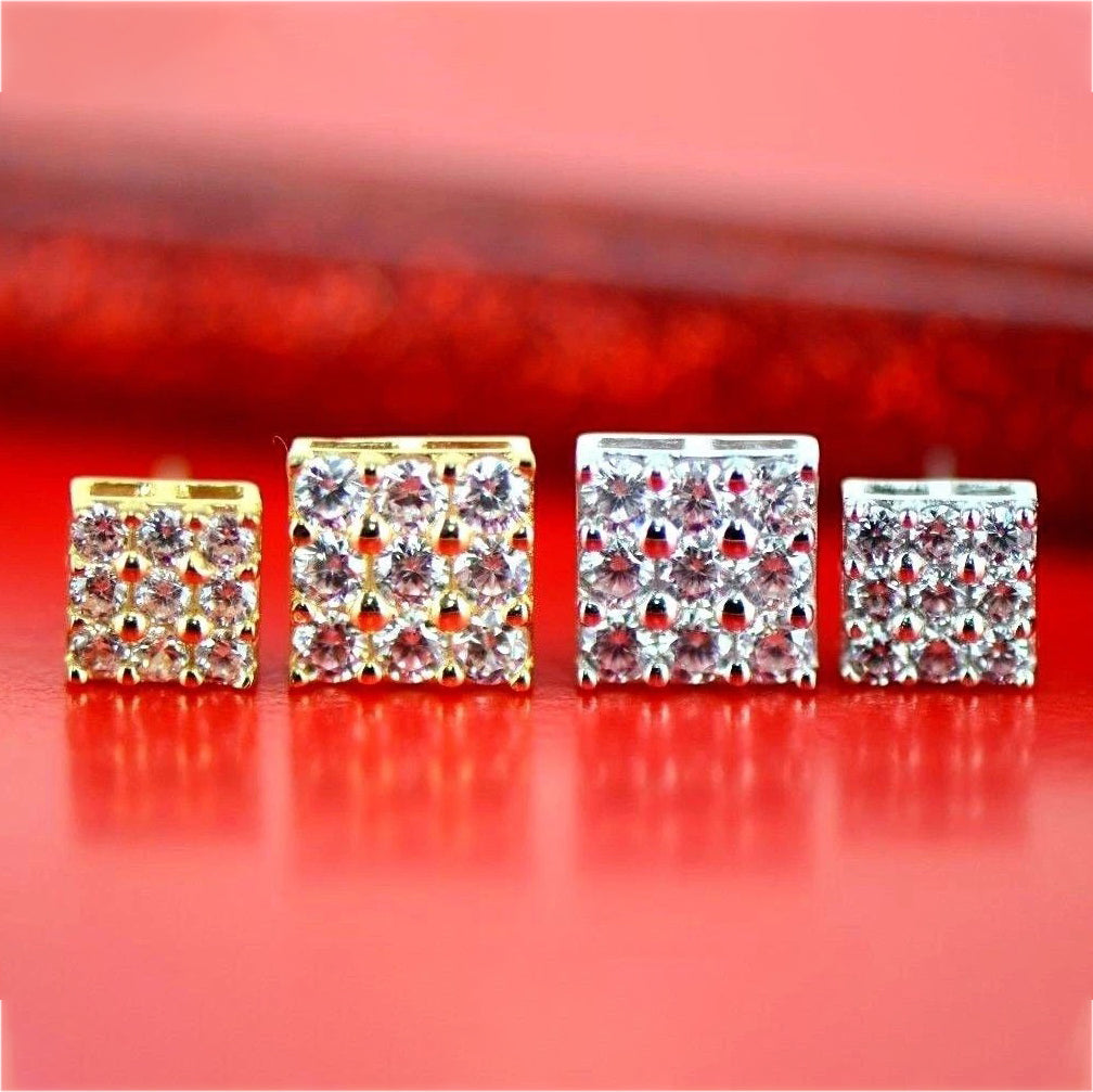 14K Yellow or White Gold Fancy Square Design CZ Stud Earrings