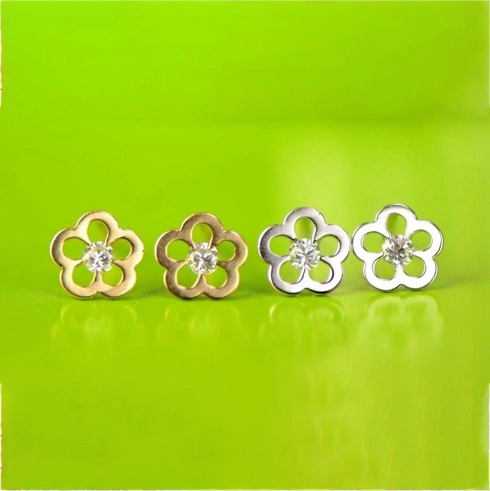 14k Yellow White Gold FlowerCZ Stud Earrings
