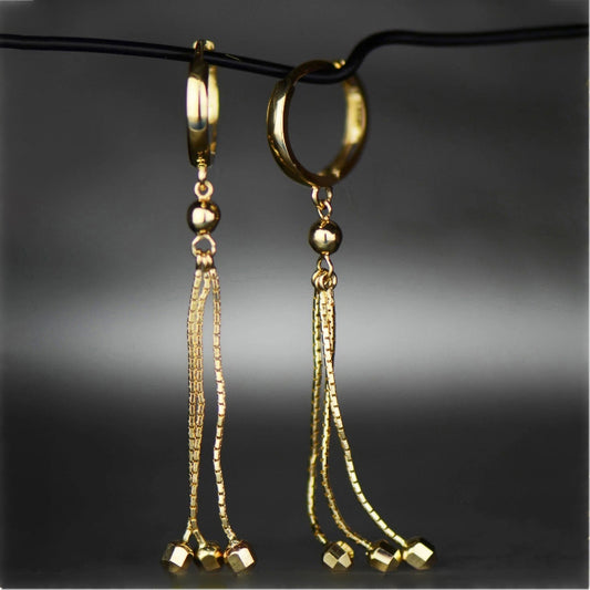 14k Yellow / White Gold Dangle Ball Chain Huggie Earrings