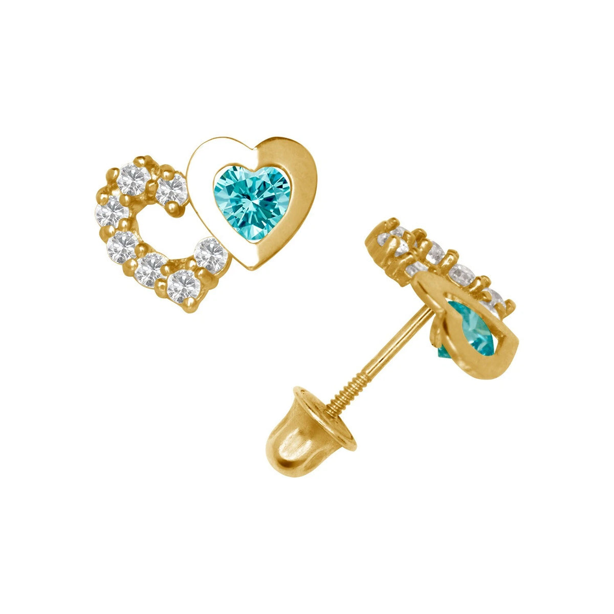 14K Yellow & White Gold Classic CZ Heart Shaped Stud Earrings for Women