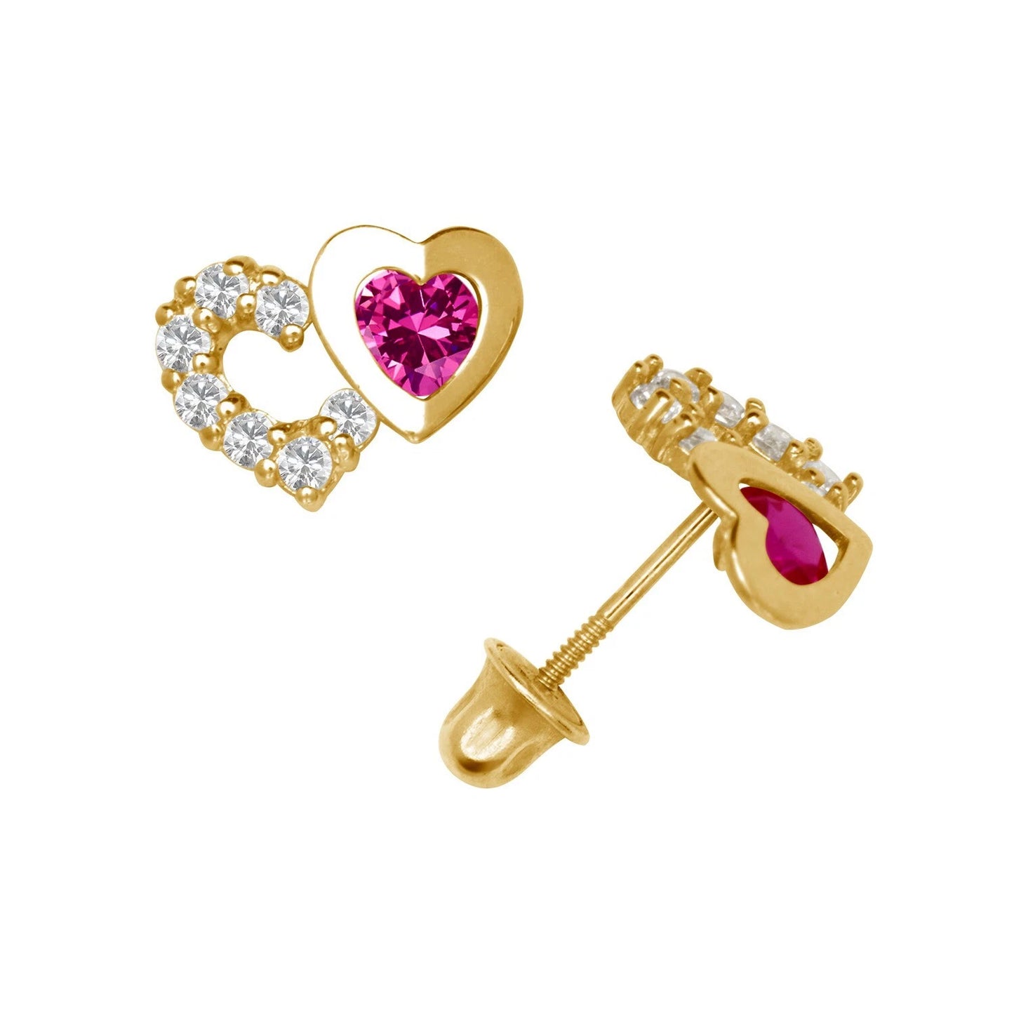 14K Yellow & White Gold Classic CZ Heart Shaped Stud Earrings for Women