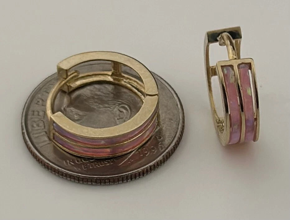 14k Yellow/White Gold Double Row Pink Opal Huggie Hoop Earrings