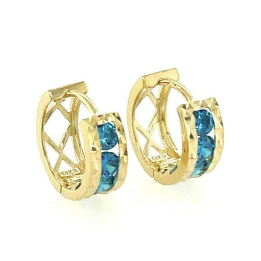 14k Yellow Gold Diamond Cut with Blue Topaz Birthstone Huggie Earrings