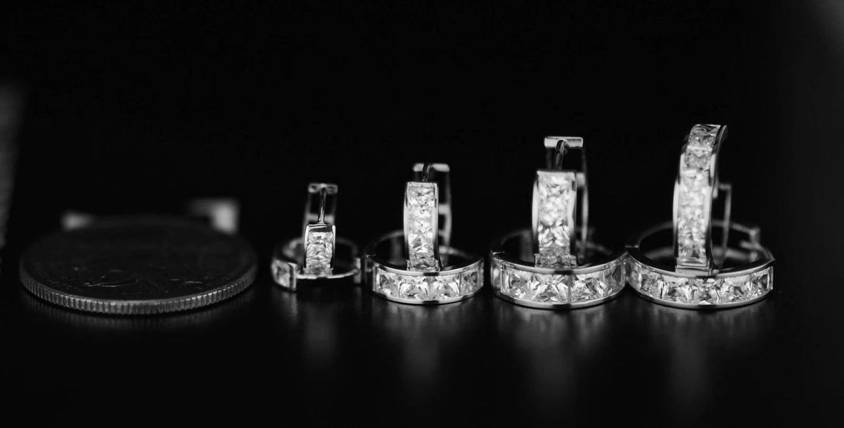 14K White Gold Princess Cut Huggie Hoop Earrings