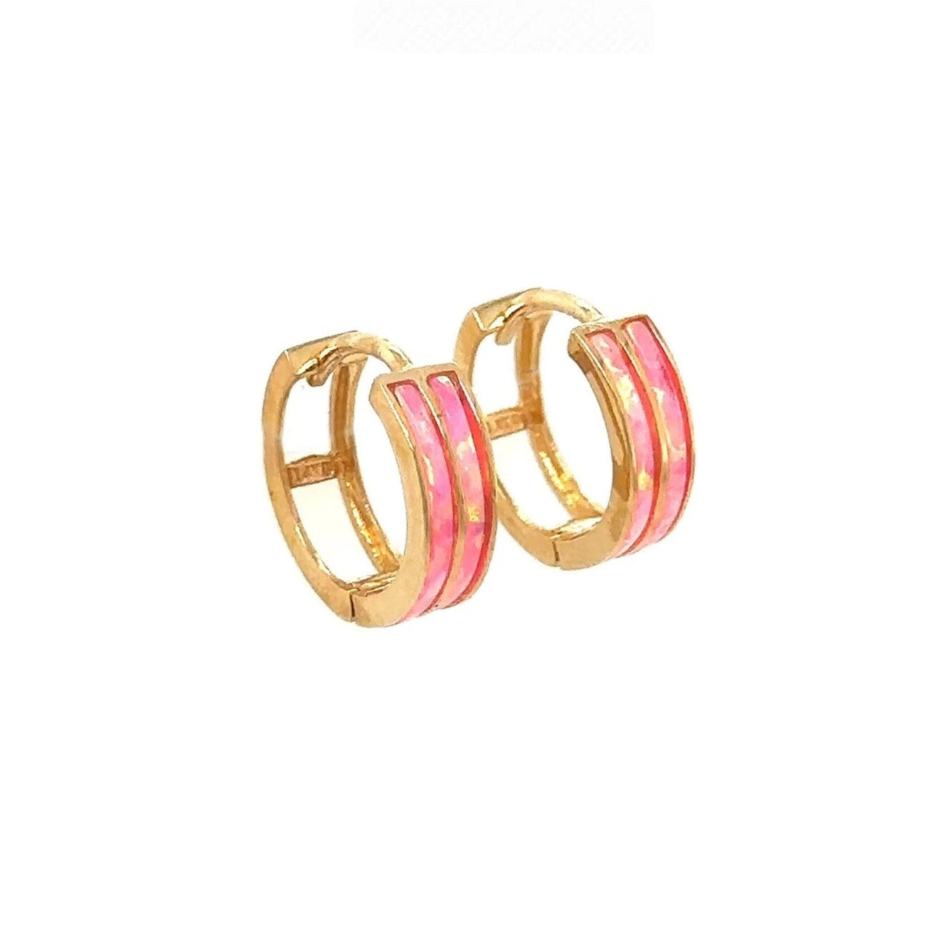 14k Yellow Gold Double Row Hot Pink Opal Huggie Hoop Earrings