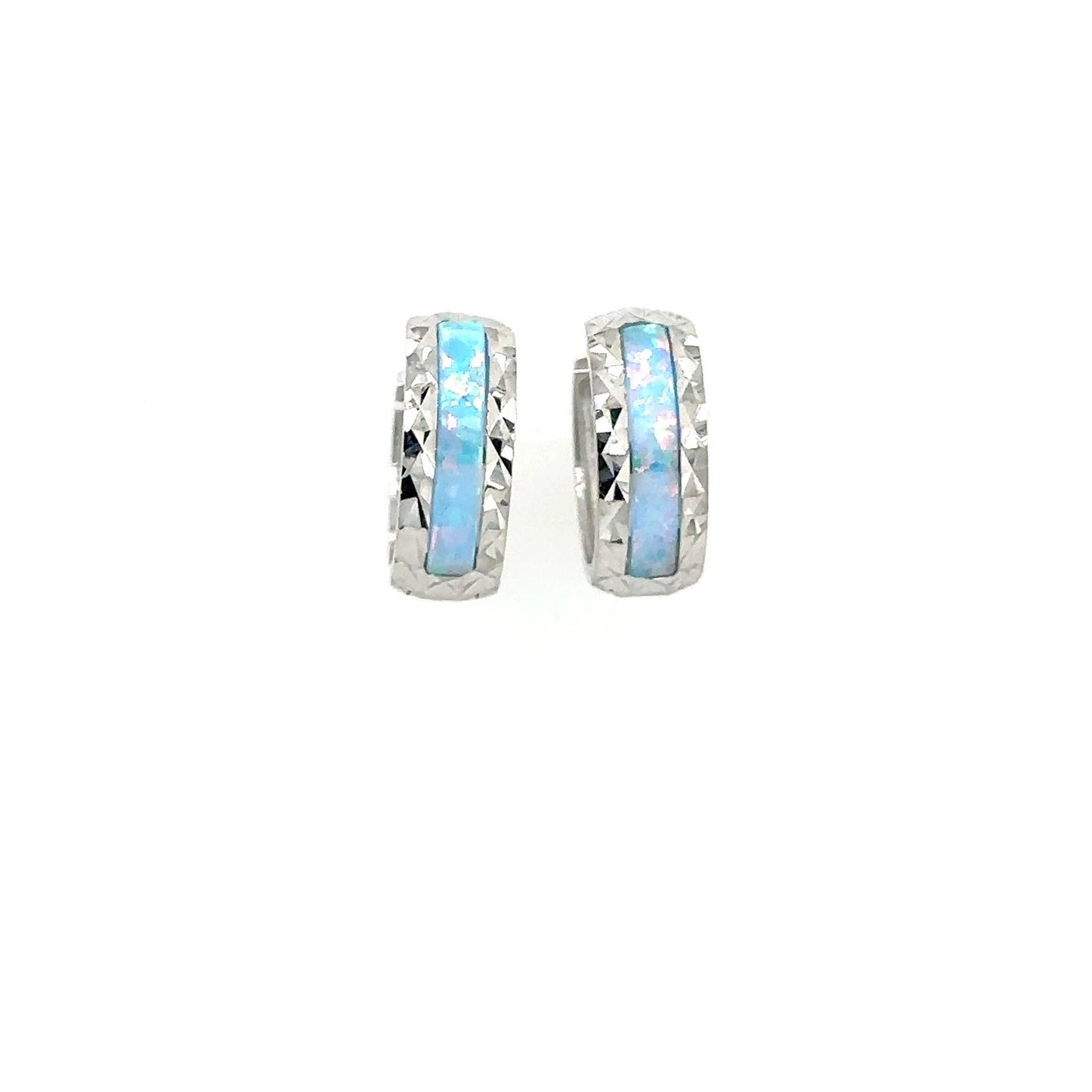 14k White Gold Light Blue Opal Huggie Hoop Earrings