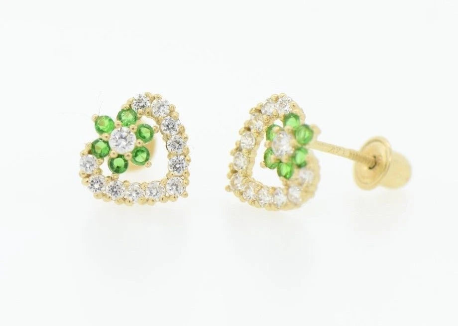 14K Yellow Gold Stud Heart Shape CZ Stud Earrings
