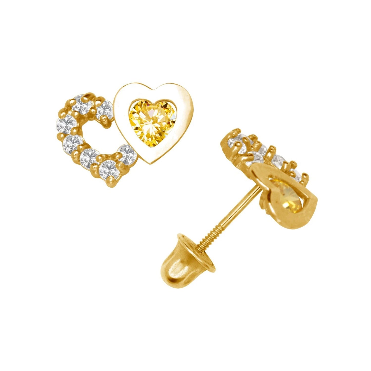 14K Yellow & White Gold Classic CZ Heart Shaped Stud Earrings for Women