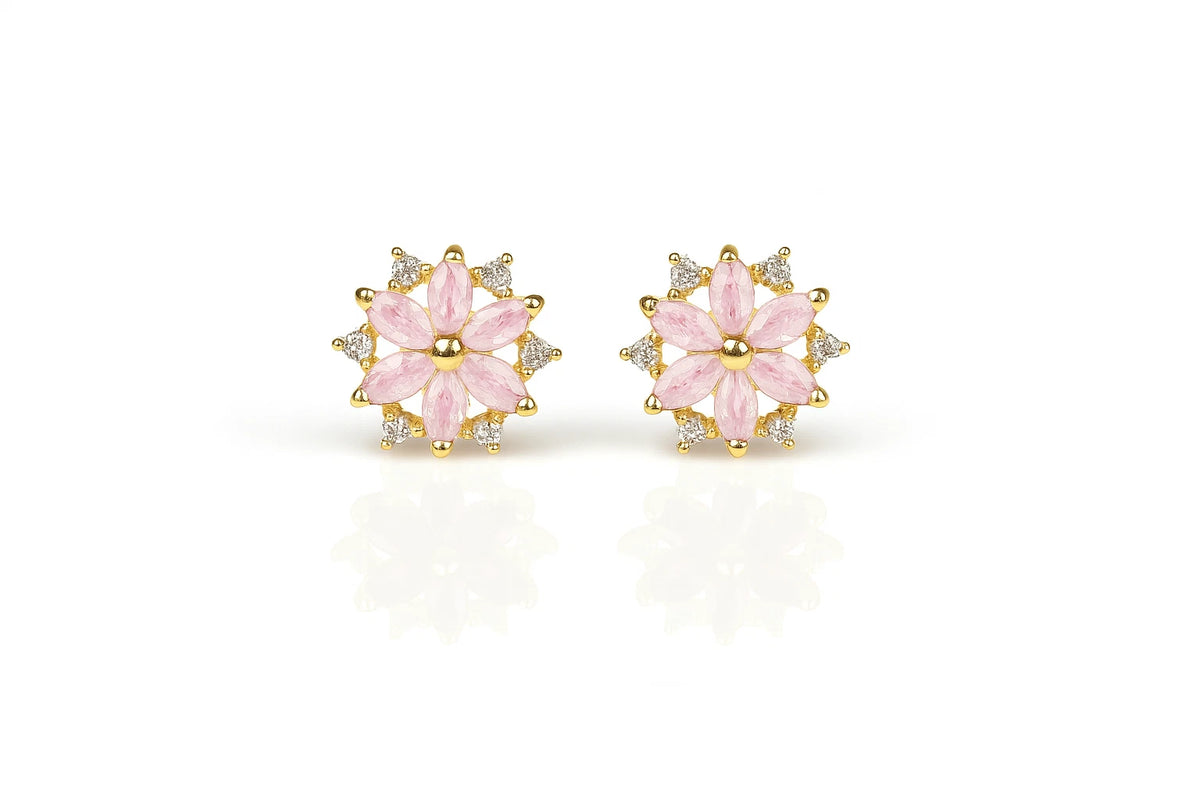 14K Yellow Gold Beautiful CZ Flower Stud Earrings for Women