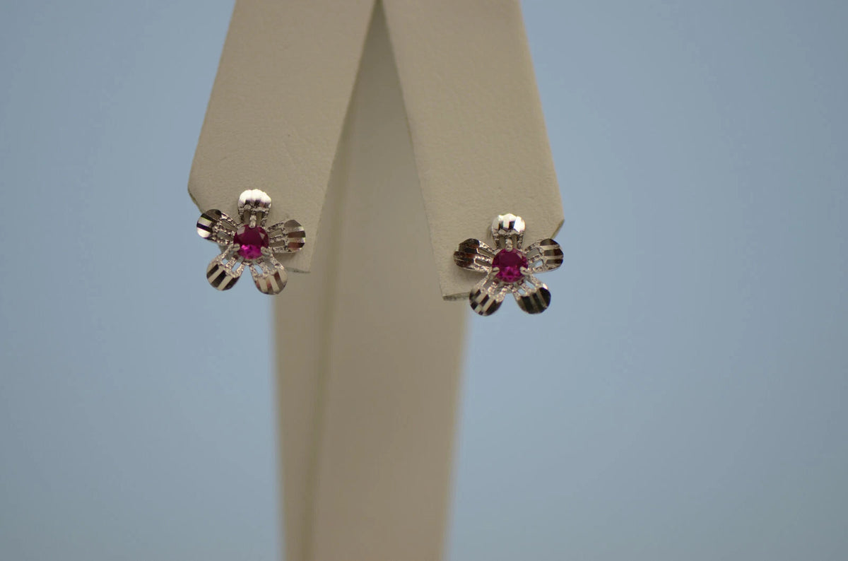 14k White Gold Flower Stud CZ Earrings