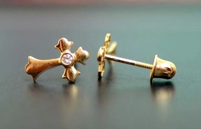 14K White Yellow Gold Cross CZ Earrings