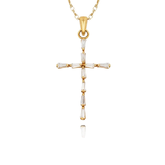 14k Yellow & White Gold Baguette Cubic Zirconia Cross Pendant For Women
