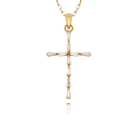 14k Yellow & White Gold Baguette Cubic Zirconia Cross Pendant For Women