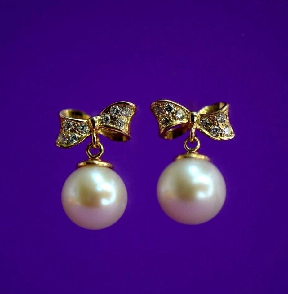 14k yellow white gold bow tie pearl cz stud earring freshwater