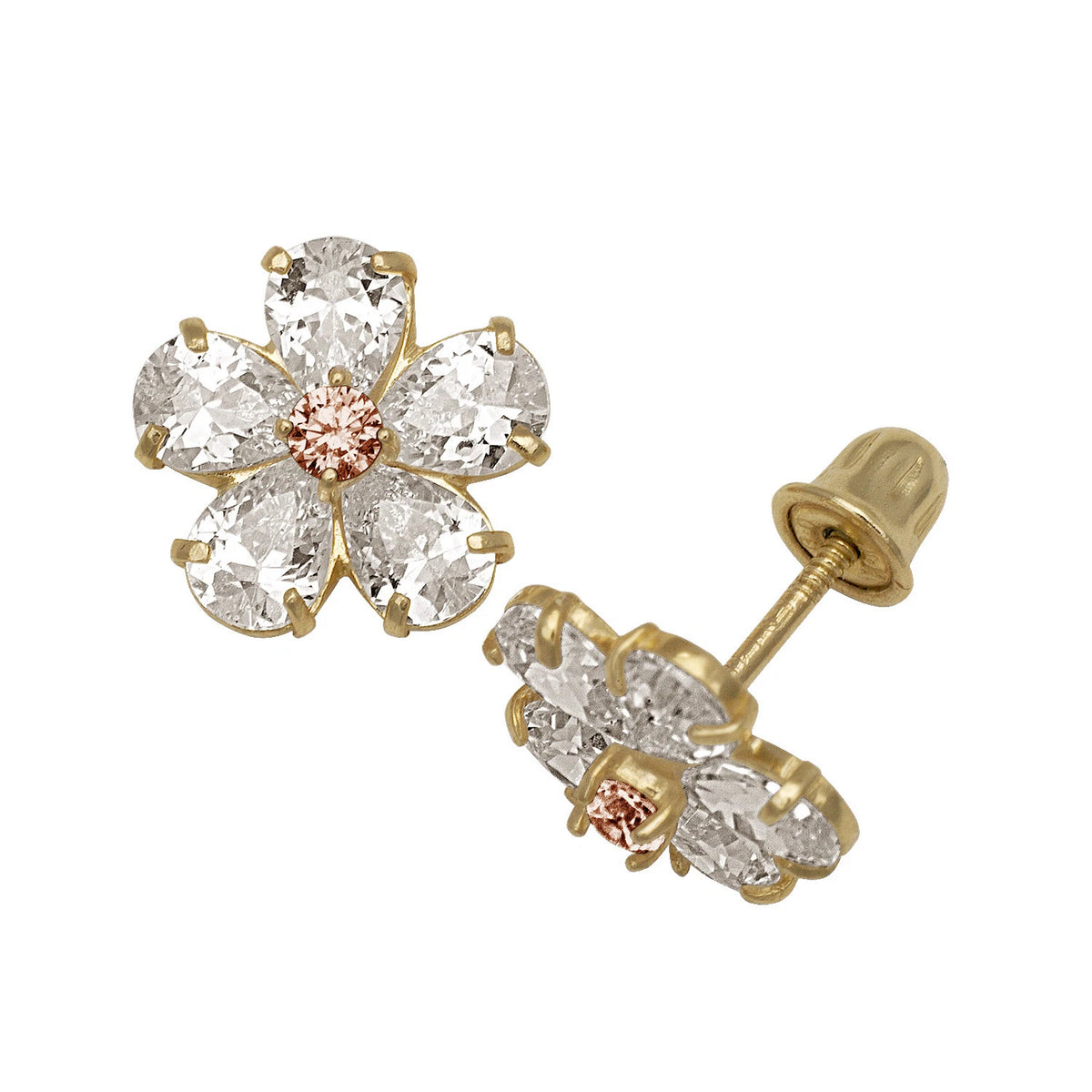 14k Yellow & White Gold CZ Flower Birthstone Stud Screw Back Earrings for Women