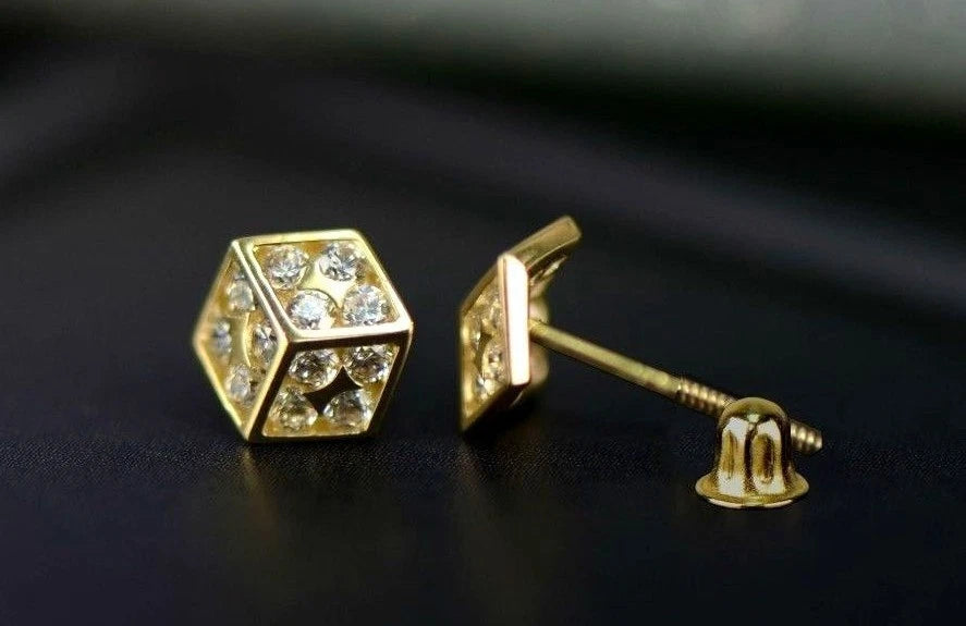 14K Yellow or White Gold Dice Stud Earrings Screw Back