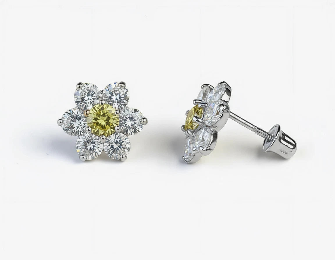 14k White Gold Beautiful Flower Shaped Stud Screw Back Earrings for Women