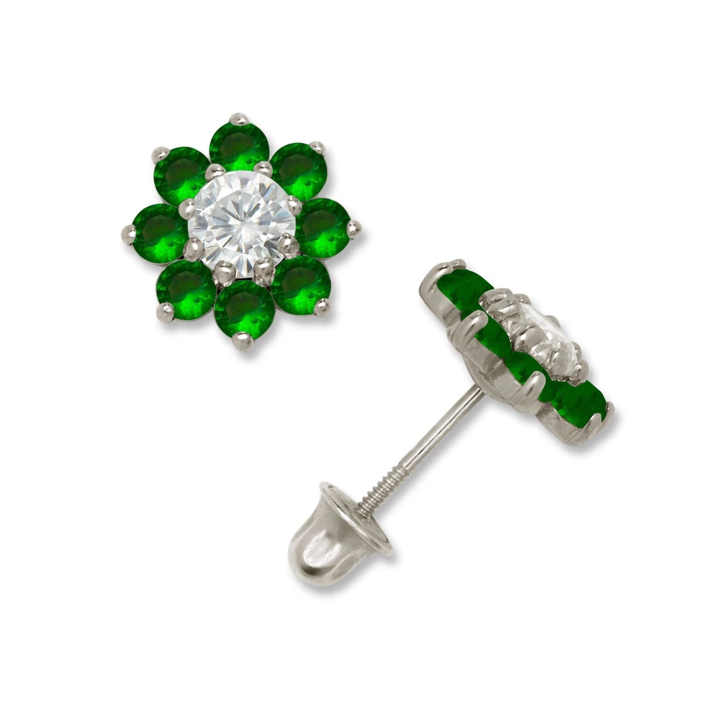 14K Yellow & White Gold Large Beautiful CZ Flower Stud Earrings for Women