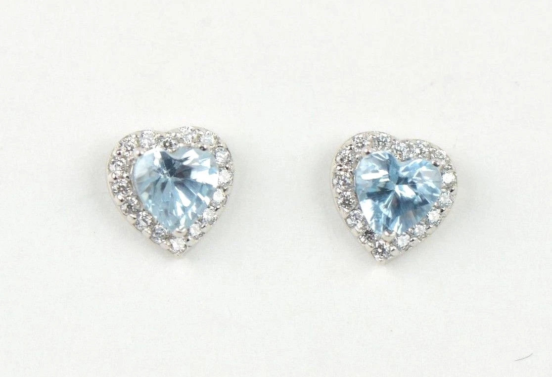 14k Solid White Gold Halo Heart Stud Earrings