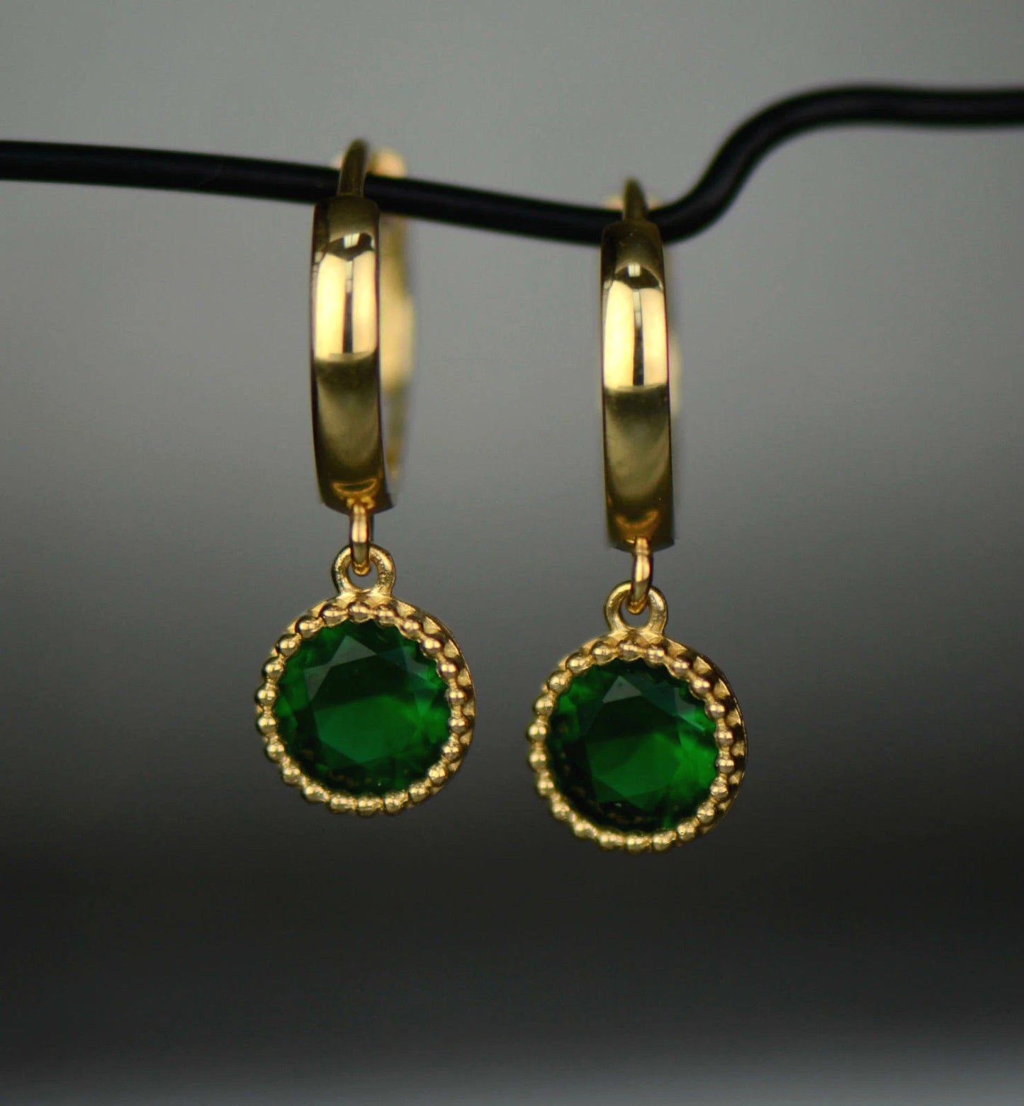 14k Yellow Gold Dangle Round Birthstone Huggie Earrings