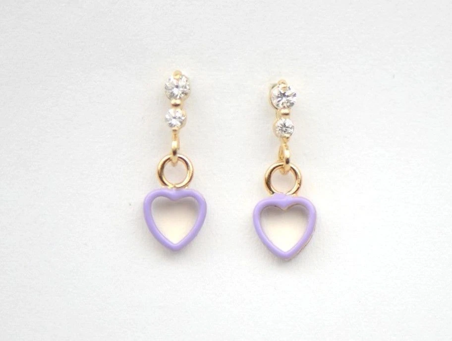 14K Solid Yellow Gold Heart Shape Dangle Earring with Enamel