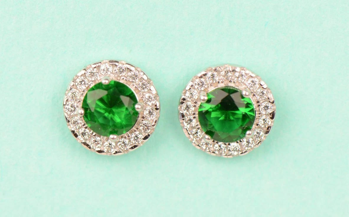 14K Solid White Gold Halo Stud CZ Screw Back Earrings