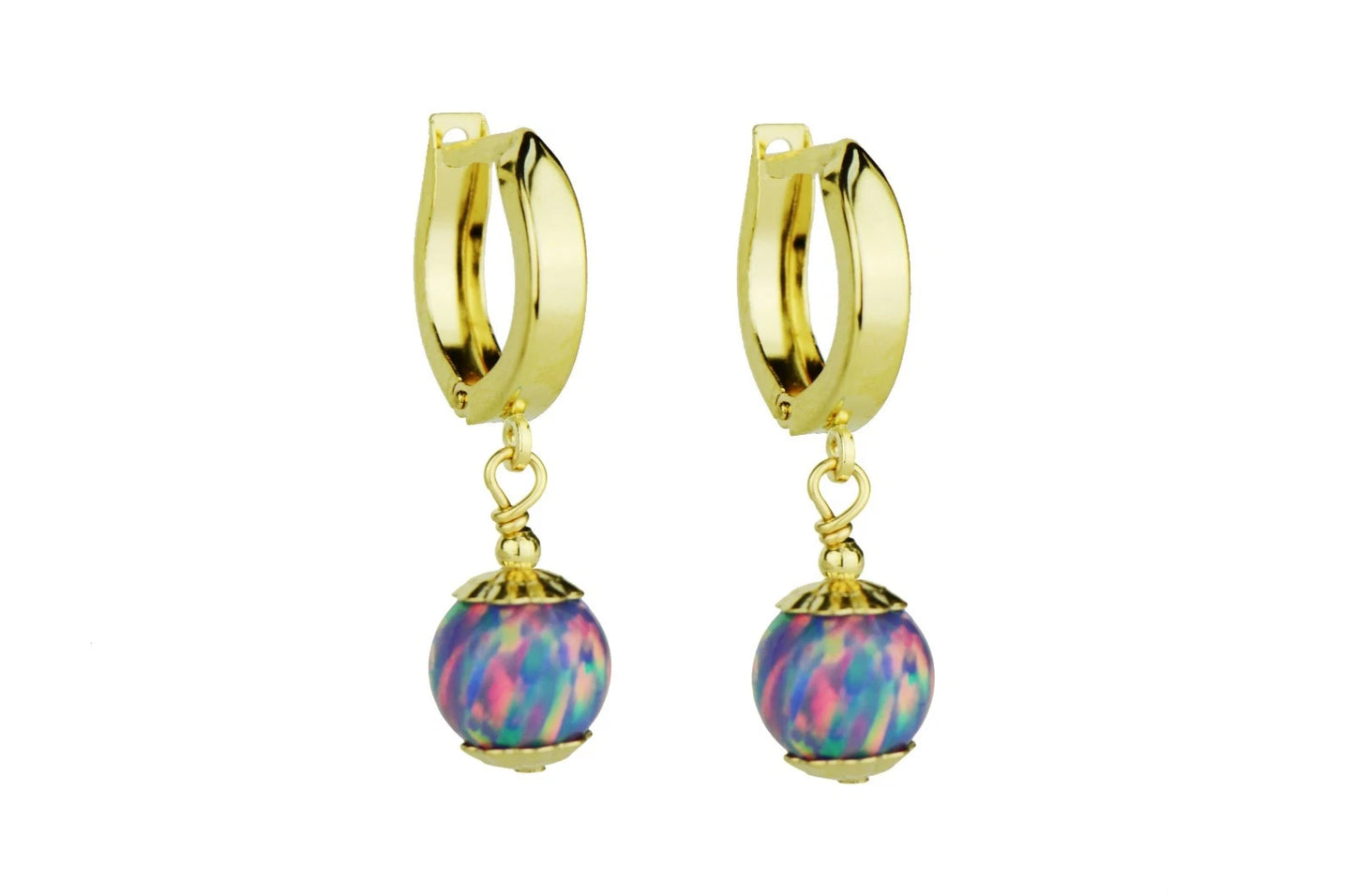 14k Yellow Gold Opal Huggie Snap Closure Dangle Earrings