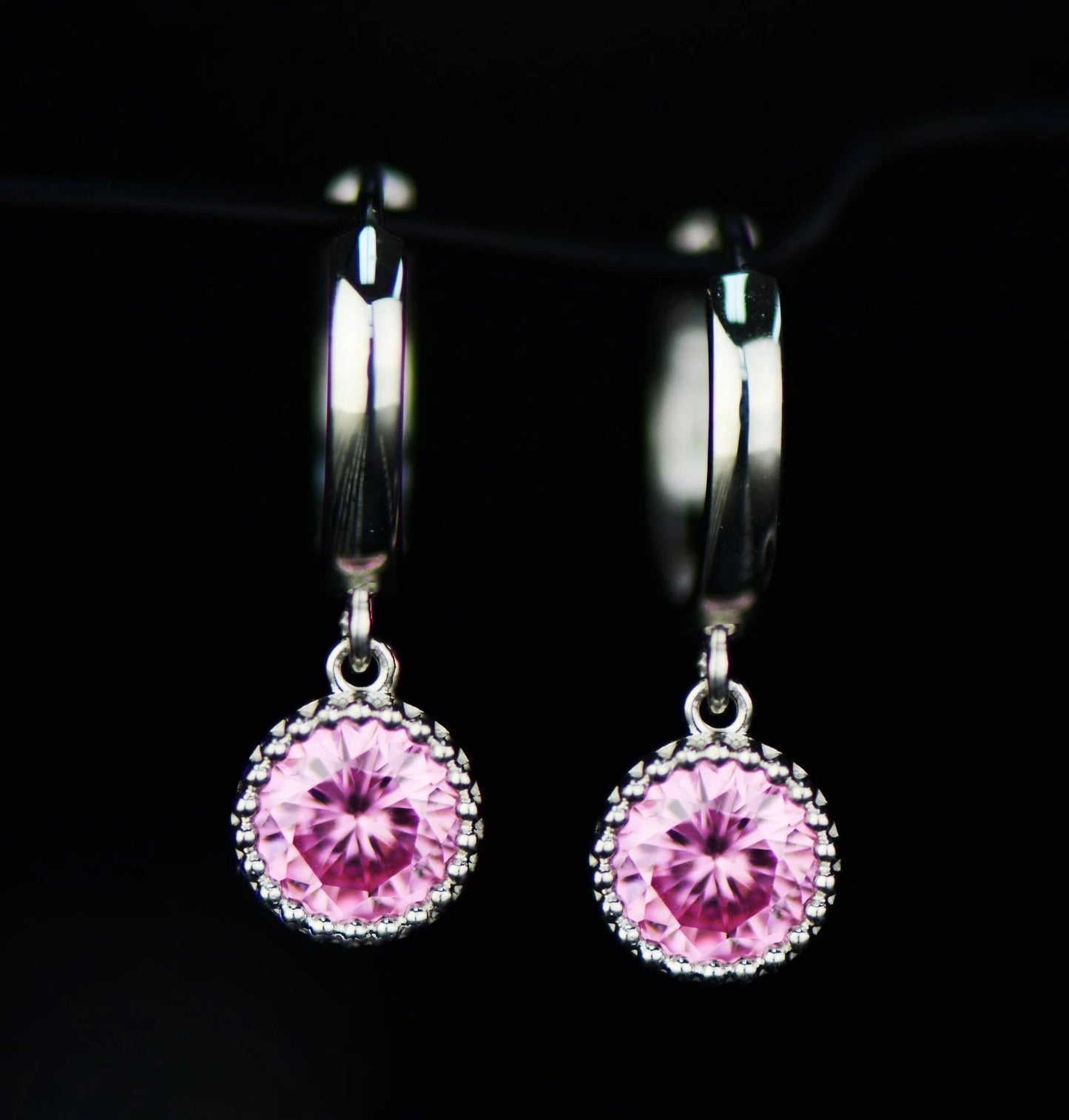 14k White Gold Dangle Round Birthstone Huggie Earrings