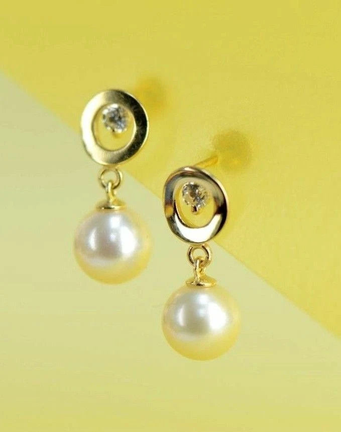 14K Yellow and White Gold Genuine Pearl CZ Stud Earring
