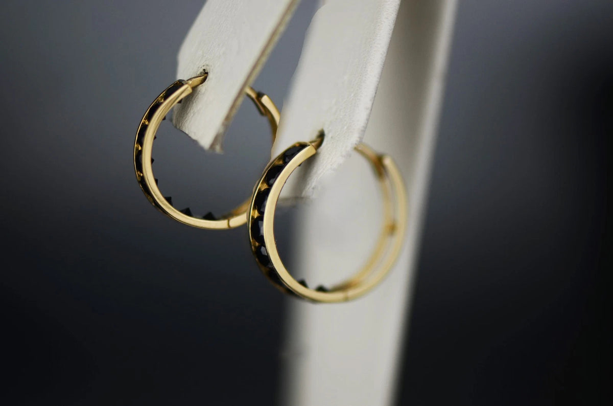 14k Yellow and White Gold Black Huggie Hoop Earrings